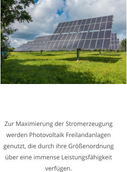Zur Maximierung der Stromerzeugung werden Photovoltaik Freilandanlagen genutzt, die durch ihre Größenordnung über eine immense Leistungsfähigkeit verfügen.